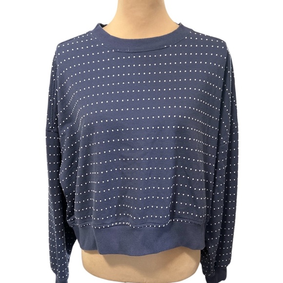 Aerie Take It Easy Crew Cropped Sweatshirt Sweater Embroidered Dots Blue Medium. - Picture 3 of 11